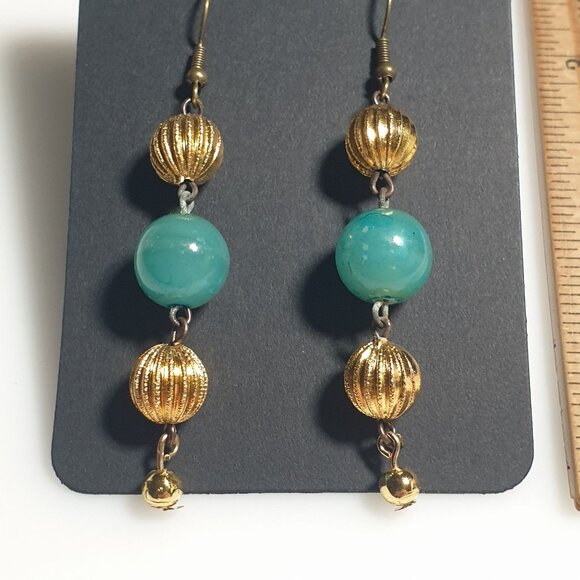 Handmade Gold Tone Aqua Beaded Dangle Drop Earring Hook Back Upcycle Twice Loved - Picture 3 of 4
